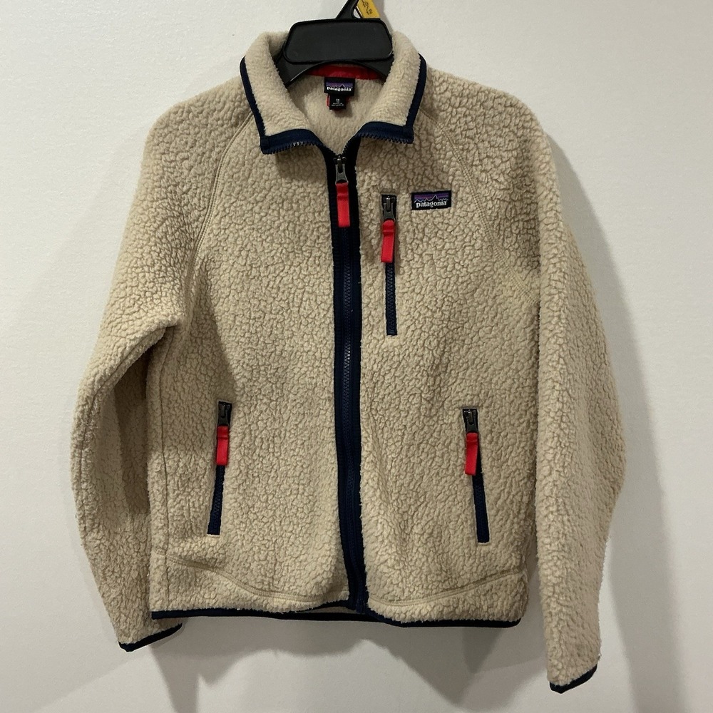 Patagonia Kids Deep Retro Pile Fleece Full Zip Jacket Sz M 10 Tan Gorpcore